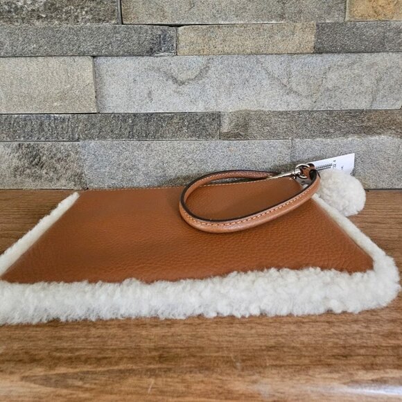 New Coach Brown leather furry trim pom pom top zip Wristlet Clutch Wallet - Picture 5 of 5